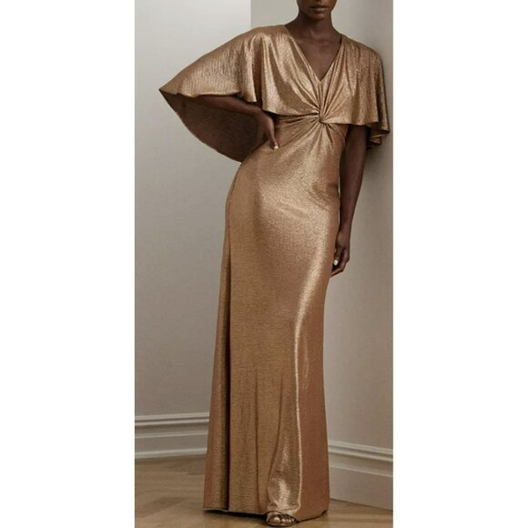 Ralph Lauren $295 Metallic Cape Overlay Maxi Dress Gown Sz 10 NWT - Picture 1 of 8